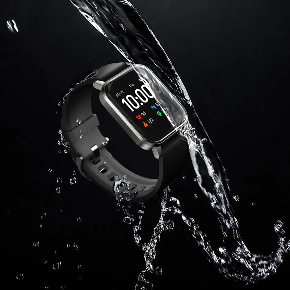 Black waterproof smart fitness bracelet with a 1.4-inch touchscreen on a silicone wristband.