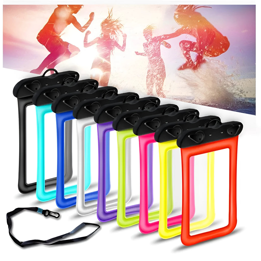 Orange PVC waterproof phone pouch with neck rope showing double airbag design