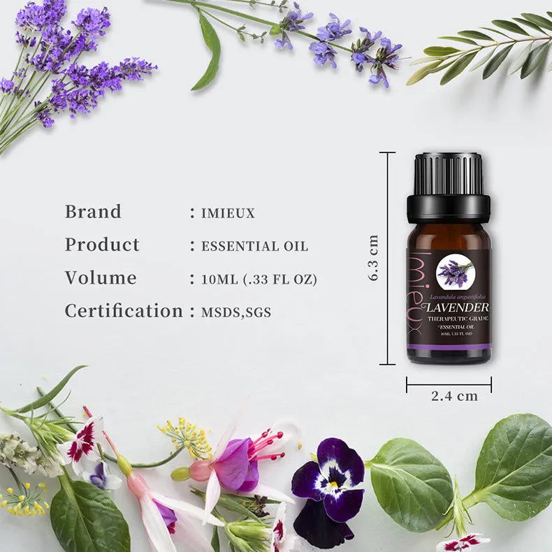 Six 10ml essential oil bottles in a row – tea tree, mint, sweet orange, eucalyptus, rosemary, lavender
