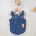 Small dog wearing HNXD denim bracket-skirt dress in one of five available sizes