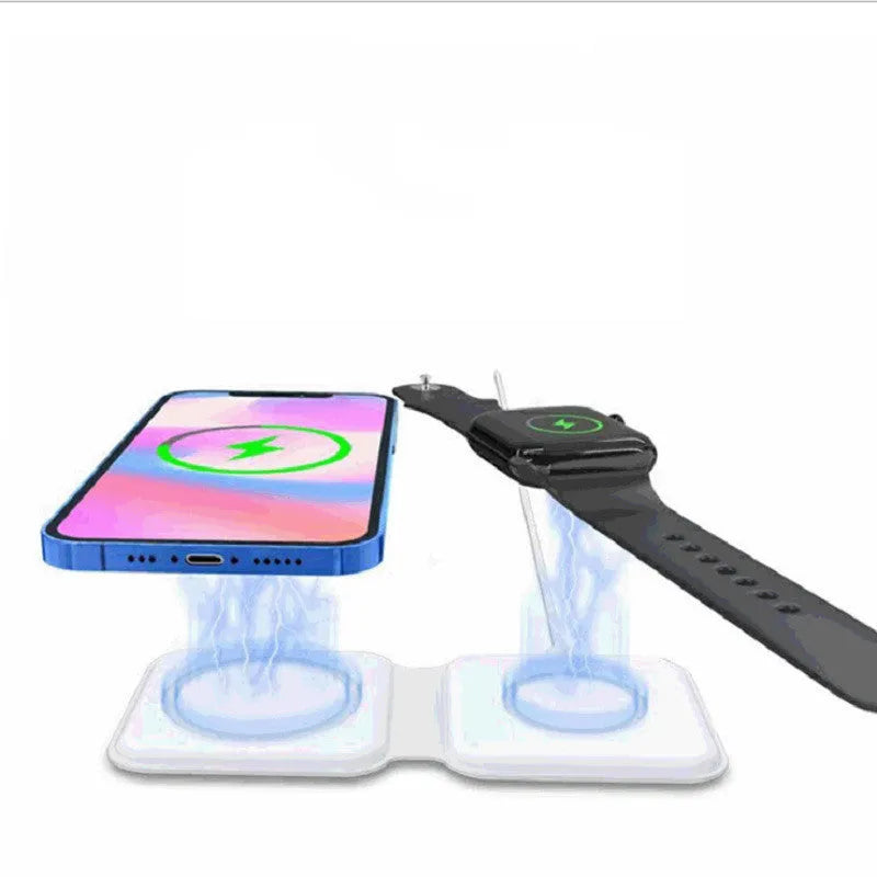 White folding dual magnetic wireless charger with 15W fast charging showing adjustable angle