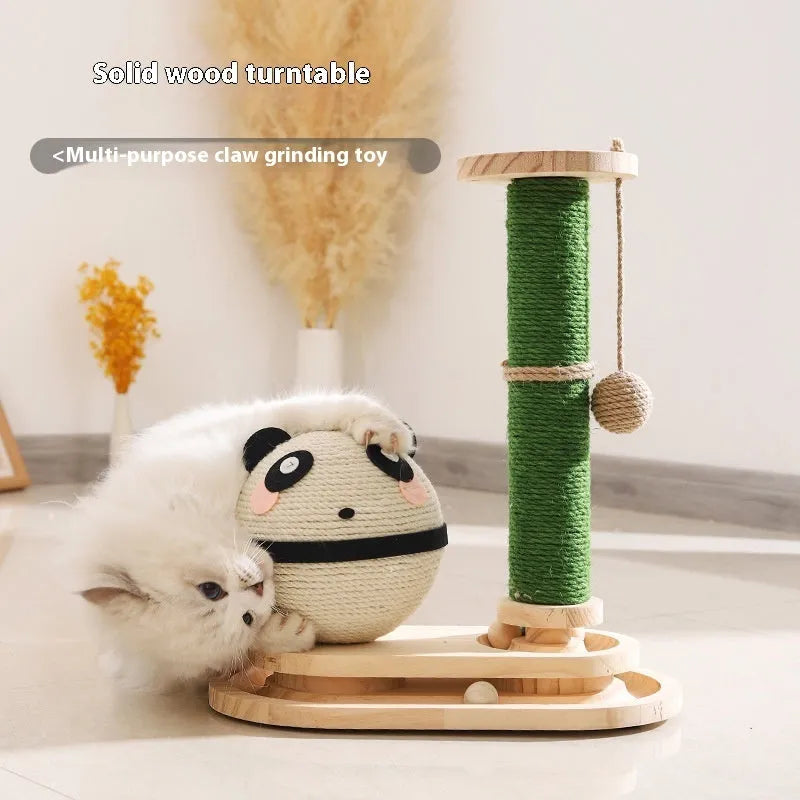 Wooden cat climbing frame with turntable, double pillars, cute style, scratch-resistant pet toy