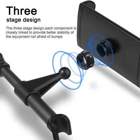 Black universal car phone holder mounted on vehicle rear seat with tablet in snap-in mechanism