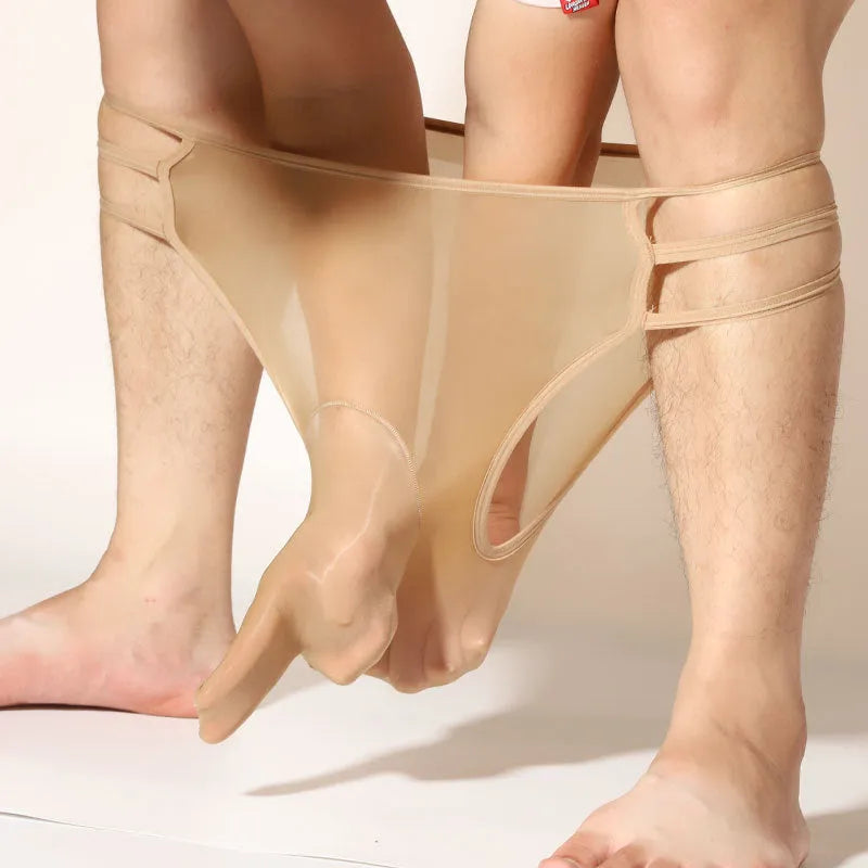 Men's transparent nylon shorts in elephant nose style on a mid-waist, shown in a solid colour.