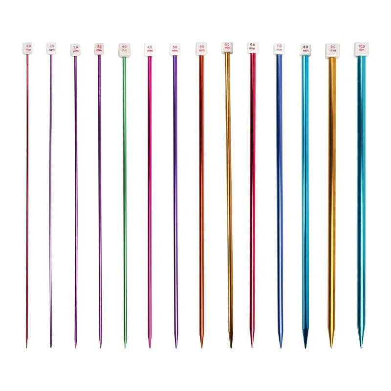 Set of long-handle metal crochet hooks with protective end caps arranged by size