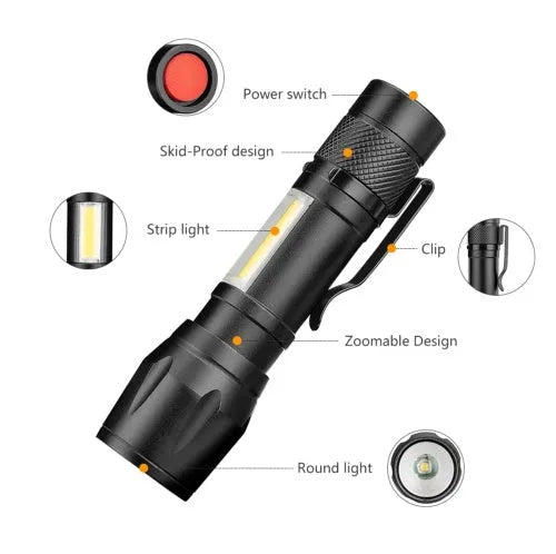 Black mini aluminium alloy LED flashlight with telescopic zoom head and pocket clip.