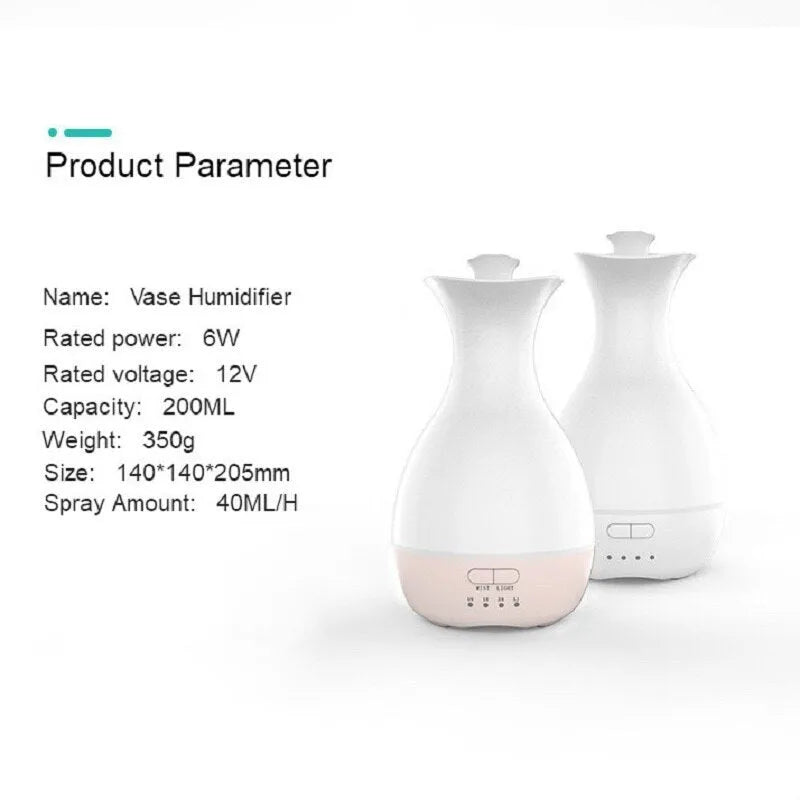 White or pink ultrasonic aroma diffuser vase with colourful LED night light and water tank.