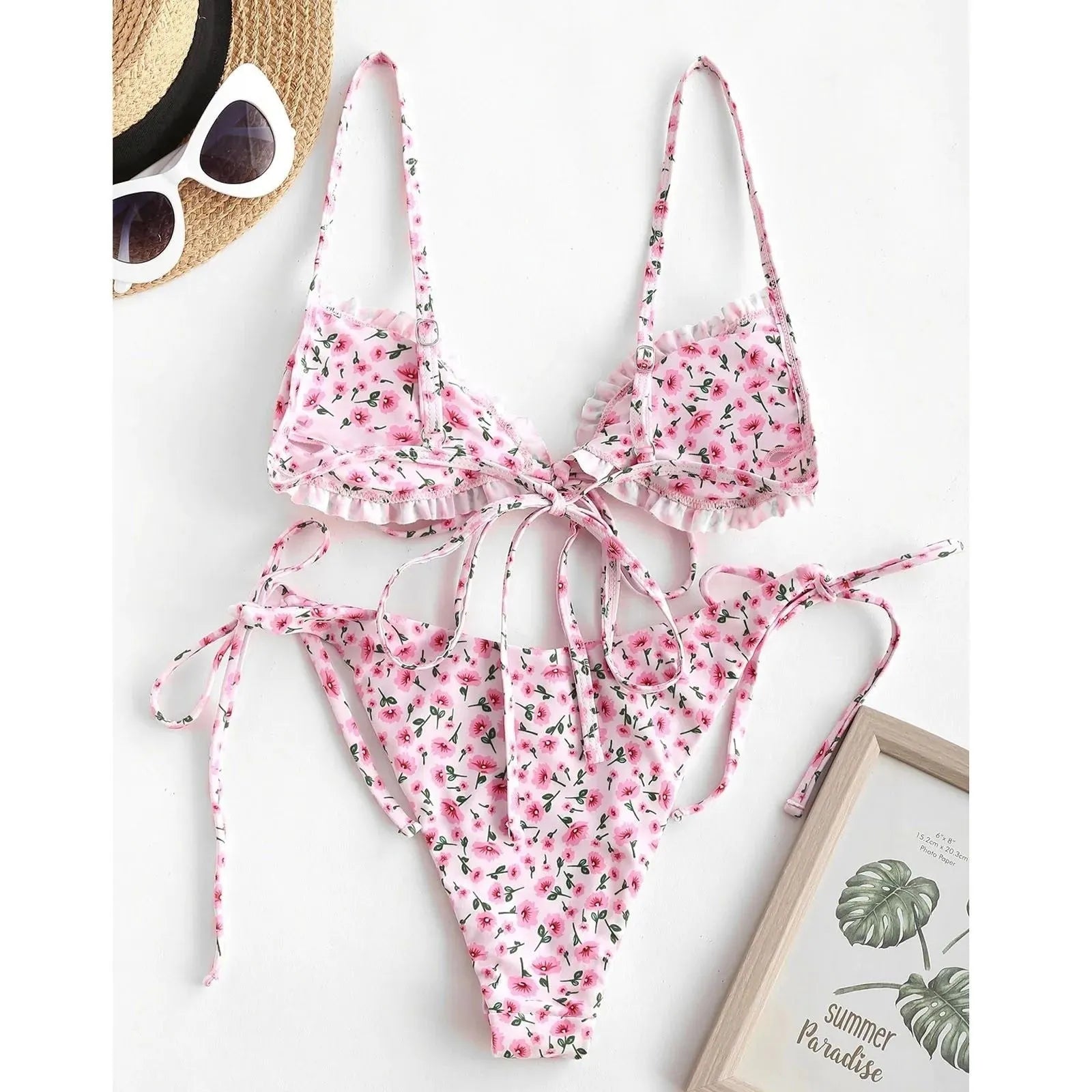 Printed multi-rope banded bikini for women pullover style lapel collar short sleeves polyester blue pink