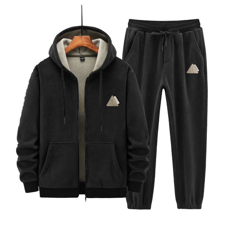 Men's grey polyester sports suit with hooded sweater and matching trousers
