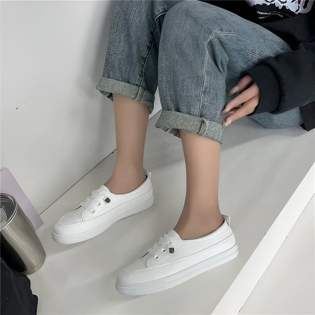 White women's sports breathable shoes with flat heel and round toe, front lace-up, artificial PU patent leather upper, rubber sole