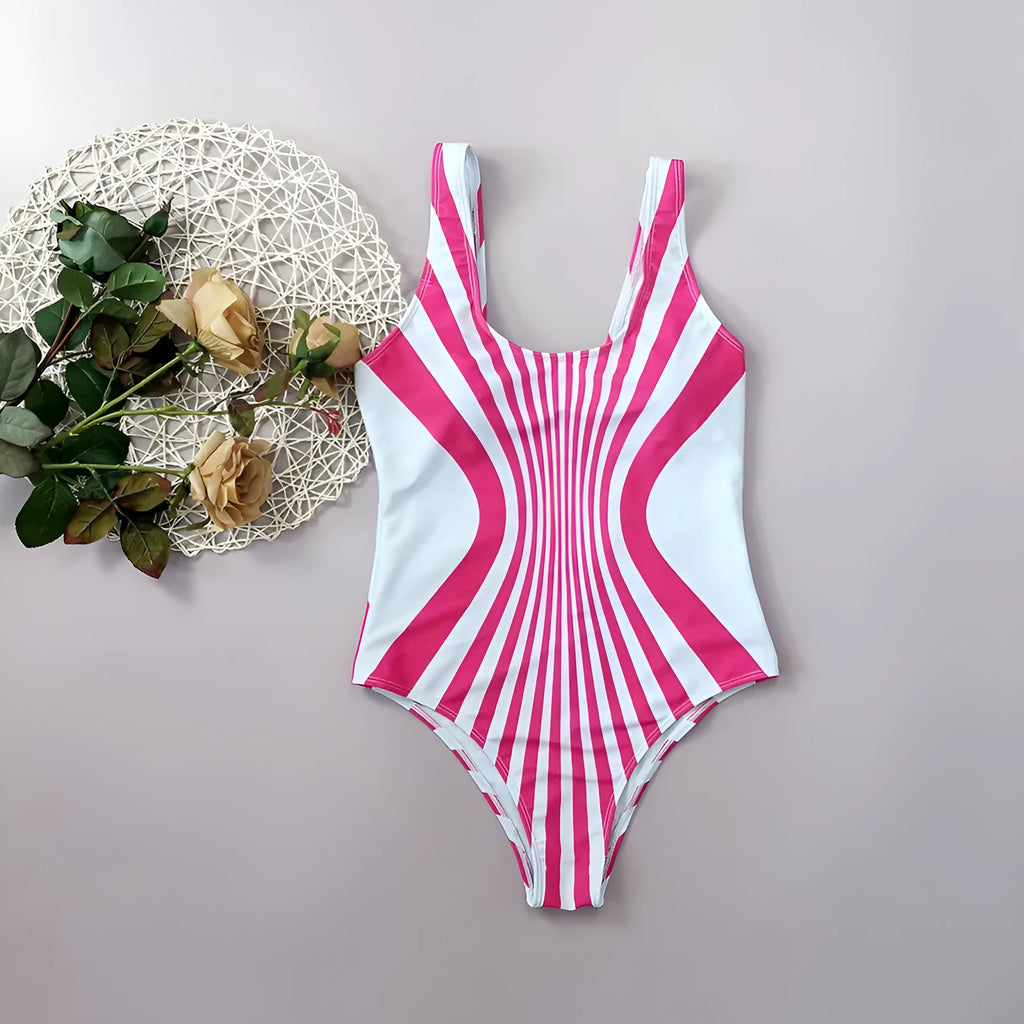 Women's pink striped one-piece swimsuit showing front and rear digital print design.