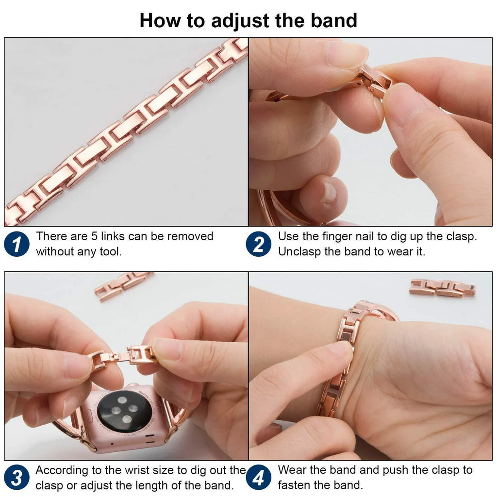 Silver herringbone diamond pattern metal band for Apple Watch on a wrist, showing adjustable links.