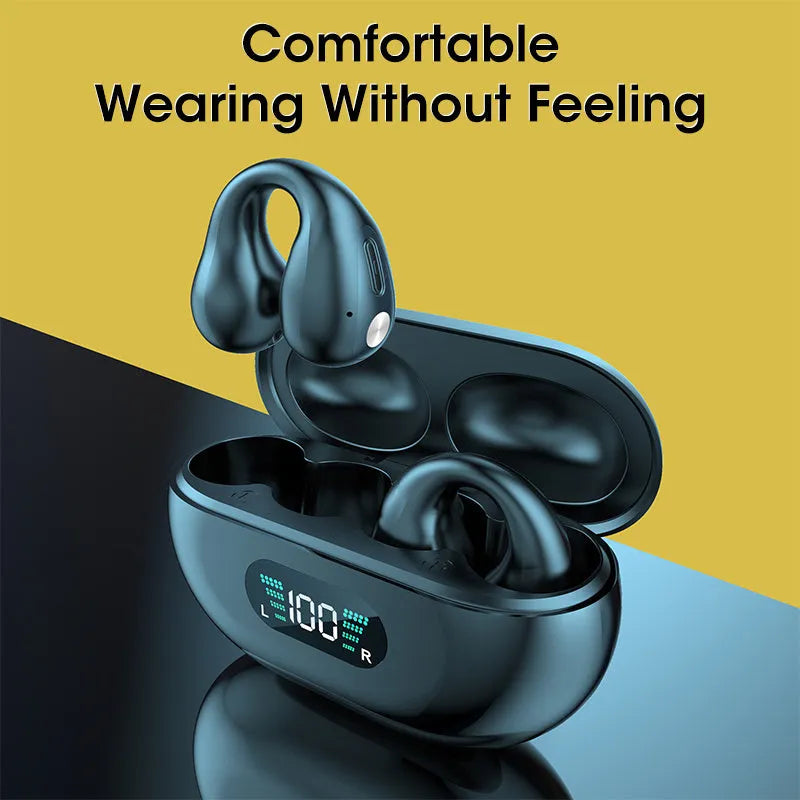 Q80 bone conduction Bluetooth clip headset in black, white, or khaki colour with ear clip design.