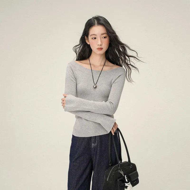 Women's soft knit oblique shoulder pullover sweater slim fit solid colour top in grey