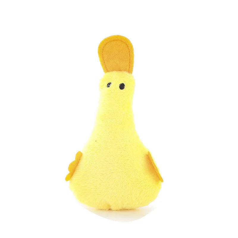 Plush duck dog and cat toy with catnip filling, squeaker, and rattle in blue, pink, yellow, or black