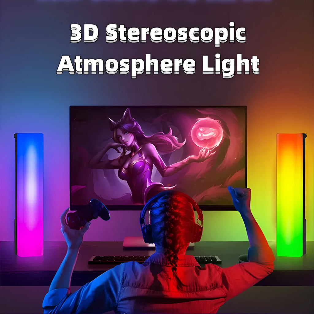 Black and white 3D RGB music rhythm ambiance lamp on a table with USB cable.