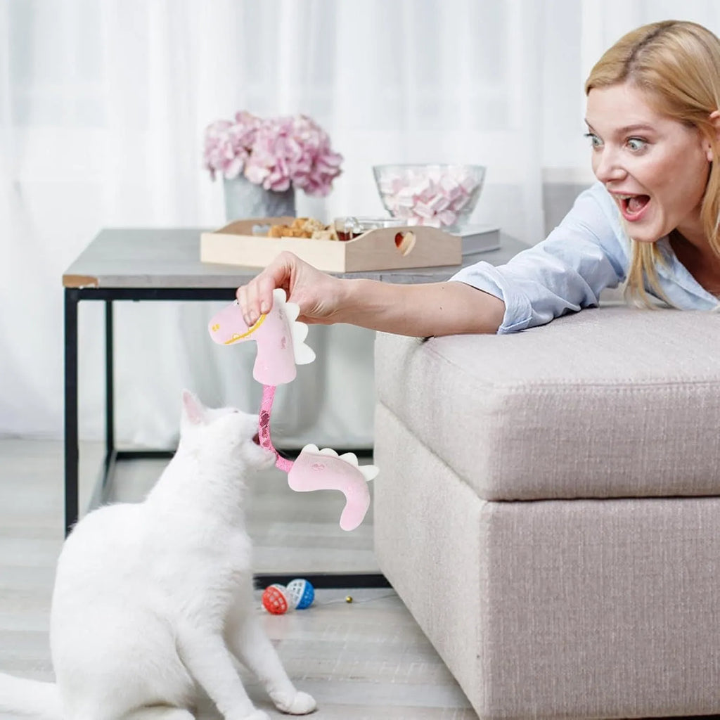 Set of four cat toys including rope toy, kicker toys, plush chew toys and cat springs in pink, purple and yellow