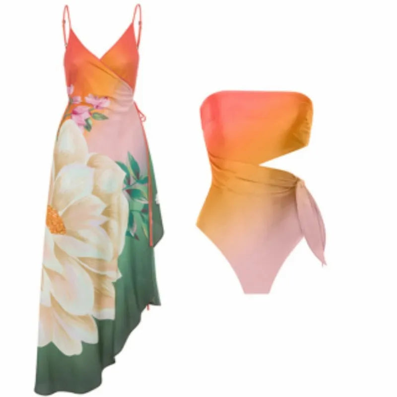 Women's French-style retro printed one-piece swimsuit with close-fitting design