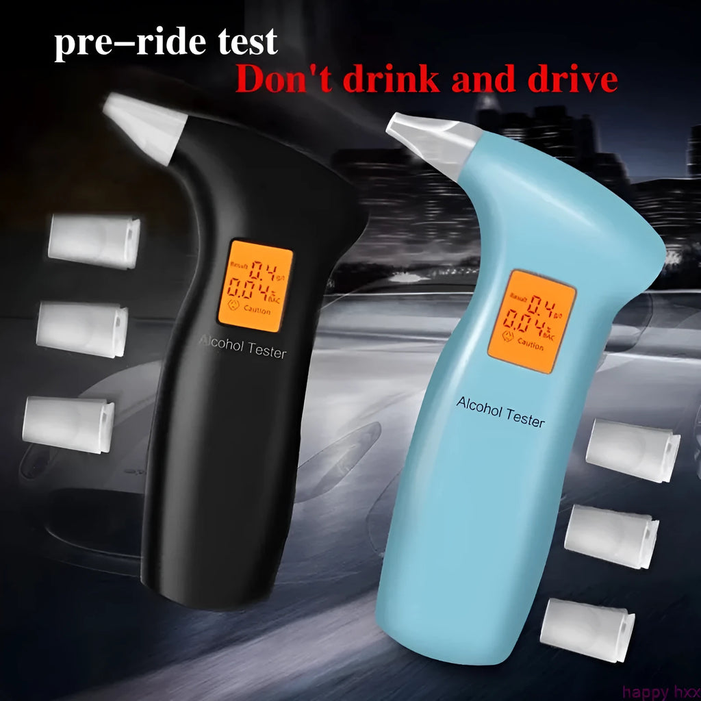 Portable orange LED breath alcohol tester with replaceable mouthpieces in black and blue colour options