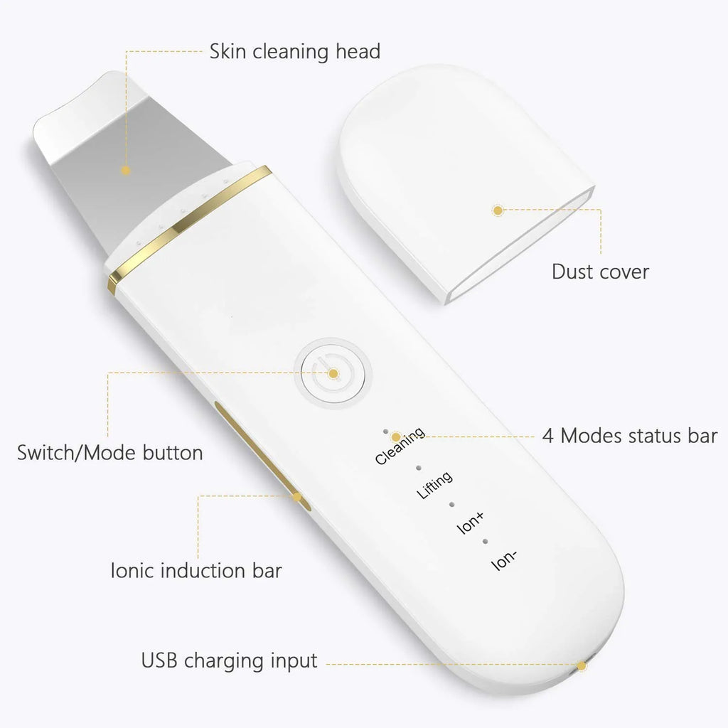 Pore cleansing facial device in golden finish with metal head, resting on a surface with USB cable