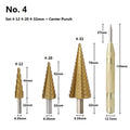 High speed steel cone step drill bits and a centre punch tool set for metal drilling.