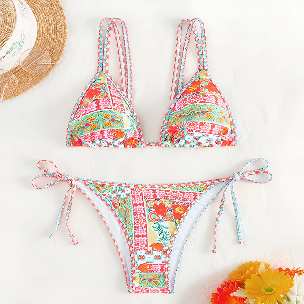 Women's lace-up front swimsuit with high-cut split leg design in polyester spandex fabric