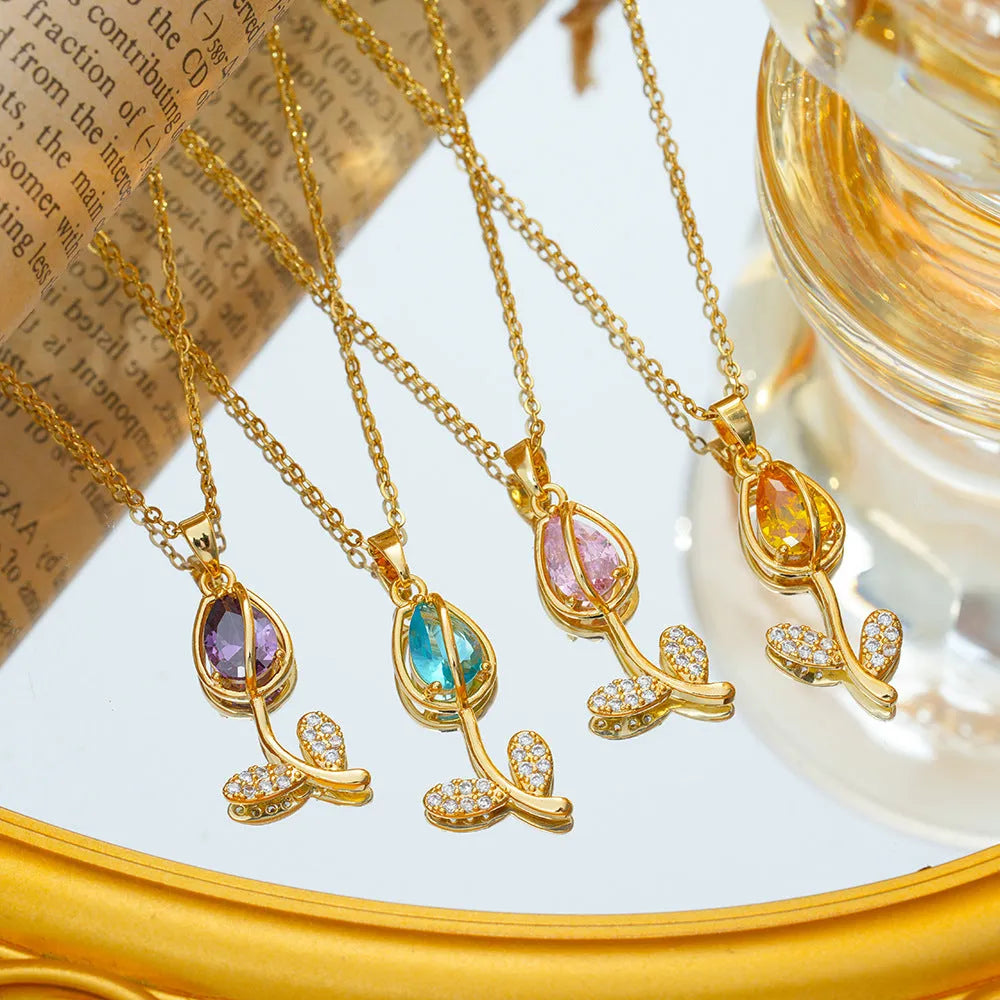 Zircon tulip necklace for women with gold electroplated pendant on titanium steel chain in five colour options