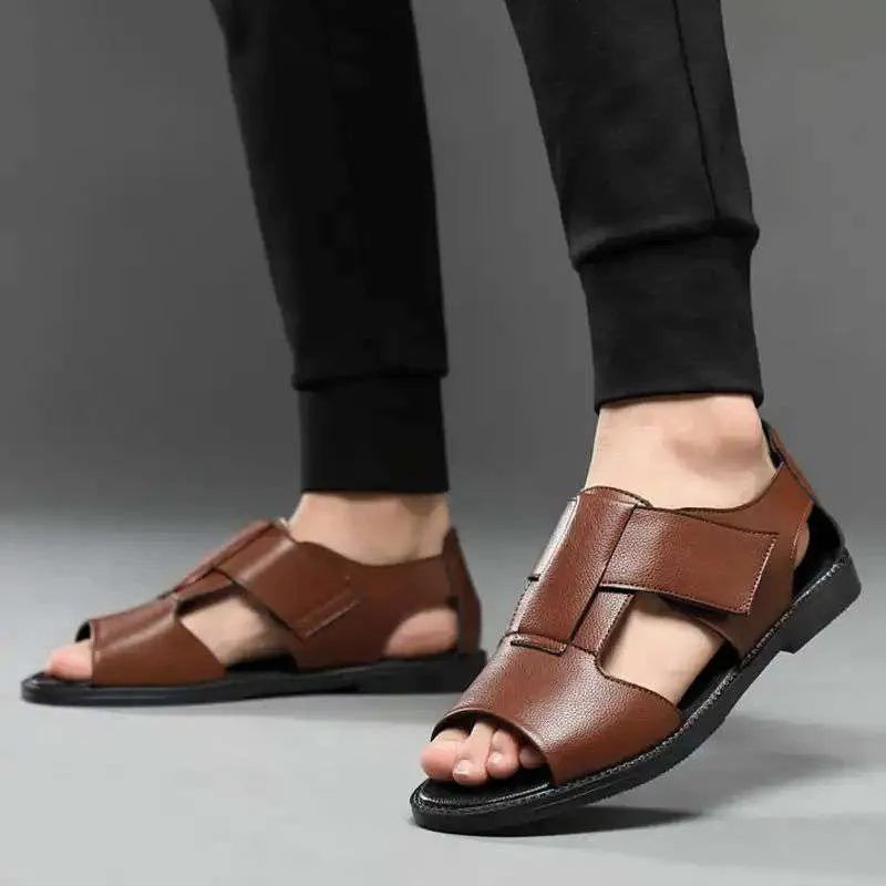 Men's black and brown cowhide leather casual sandals with open-toe design and rubber soles