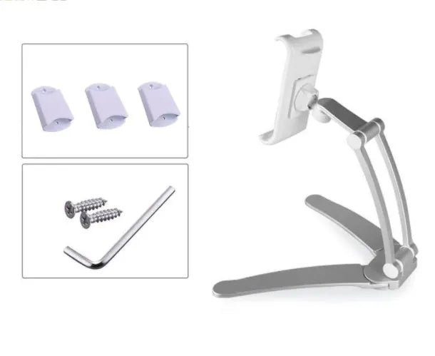 Silver aluminum alloy desktop stand holding a tablet at an angle, showing its adjustable clip and 360-degree rotation base.