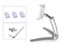 Silver aluminum alloy desktop stand holding a tablet at an angle, showing its adjustable clip and 360-degree rotation base.