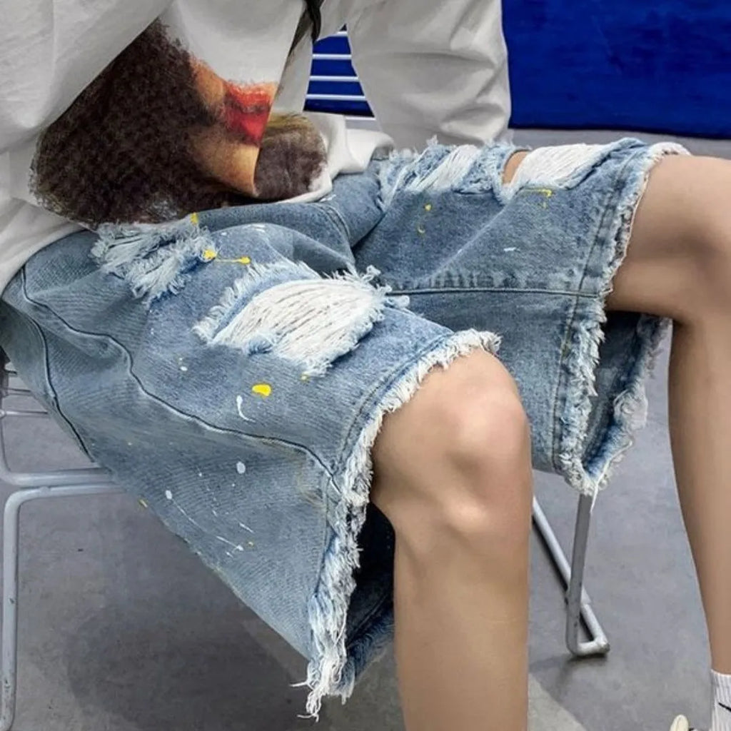 Men's water washed denim shorts with distressed holes, loose street style fit in light blue colour