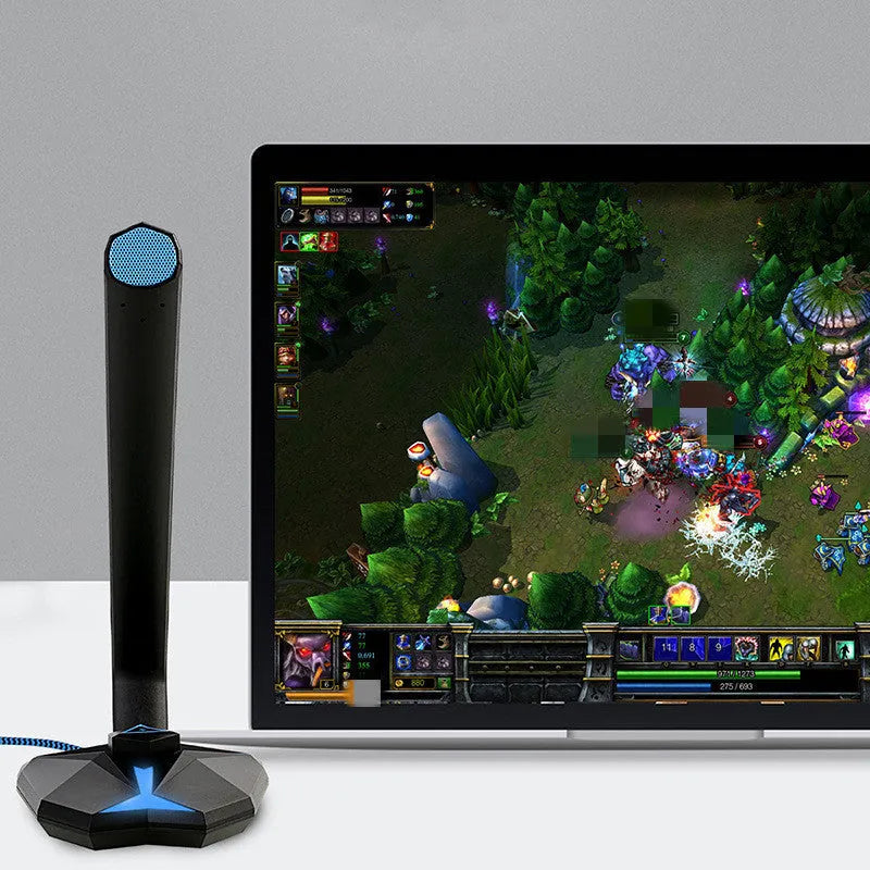 G33 blue omnidirectional USB gaming microphone on desk with 1.5-metre cable