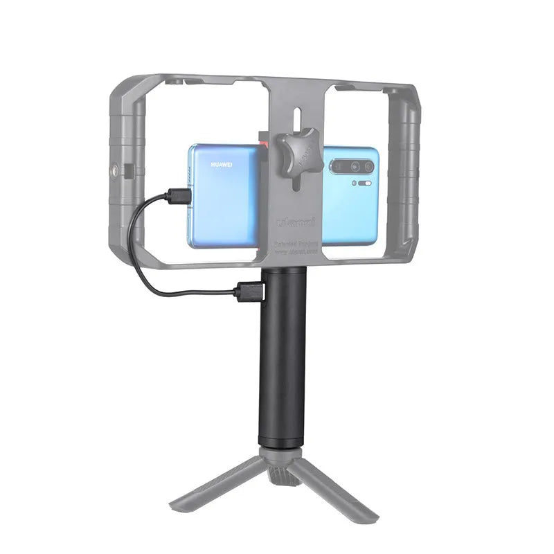 Black aluminium alloy portable power bank with a carry handle and strap, showing compact size
