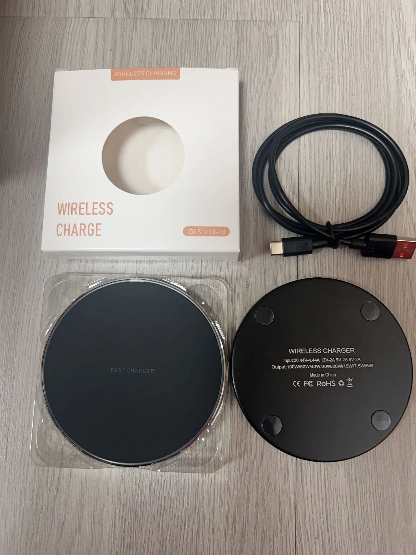 Black frosted 15W wireless charger pad with USB Type-C cable for mobile phone fast charging