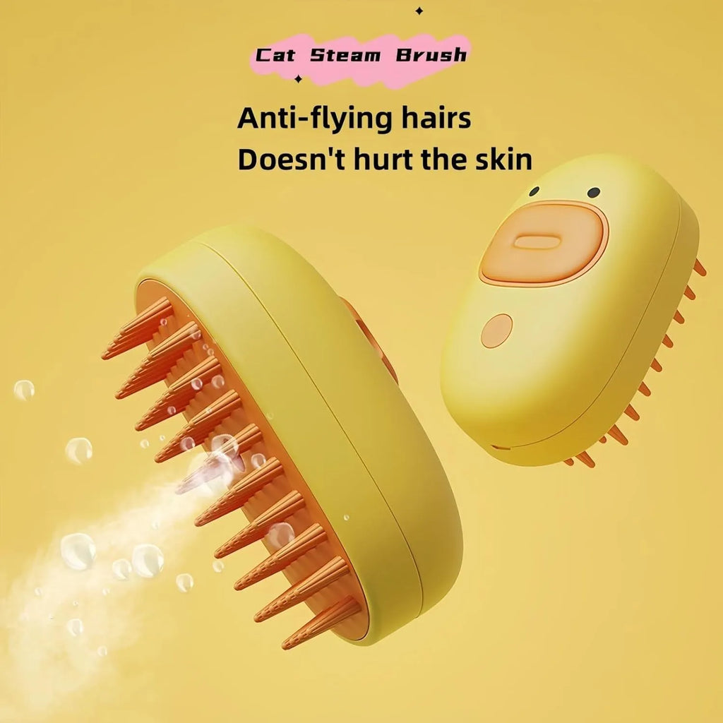 White and yellow pet steam brush grooming tool with rubber teeth and a water tank.