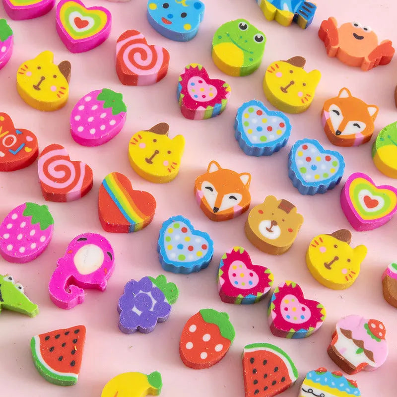 Pearlescent bag with 50 colourful TPR cartoon mini erasers, 1-1.5cm, showing fruit, animal, and themed shapes.