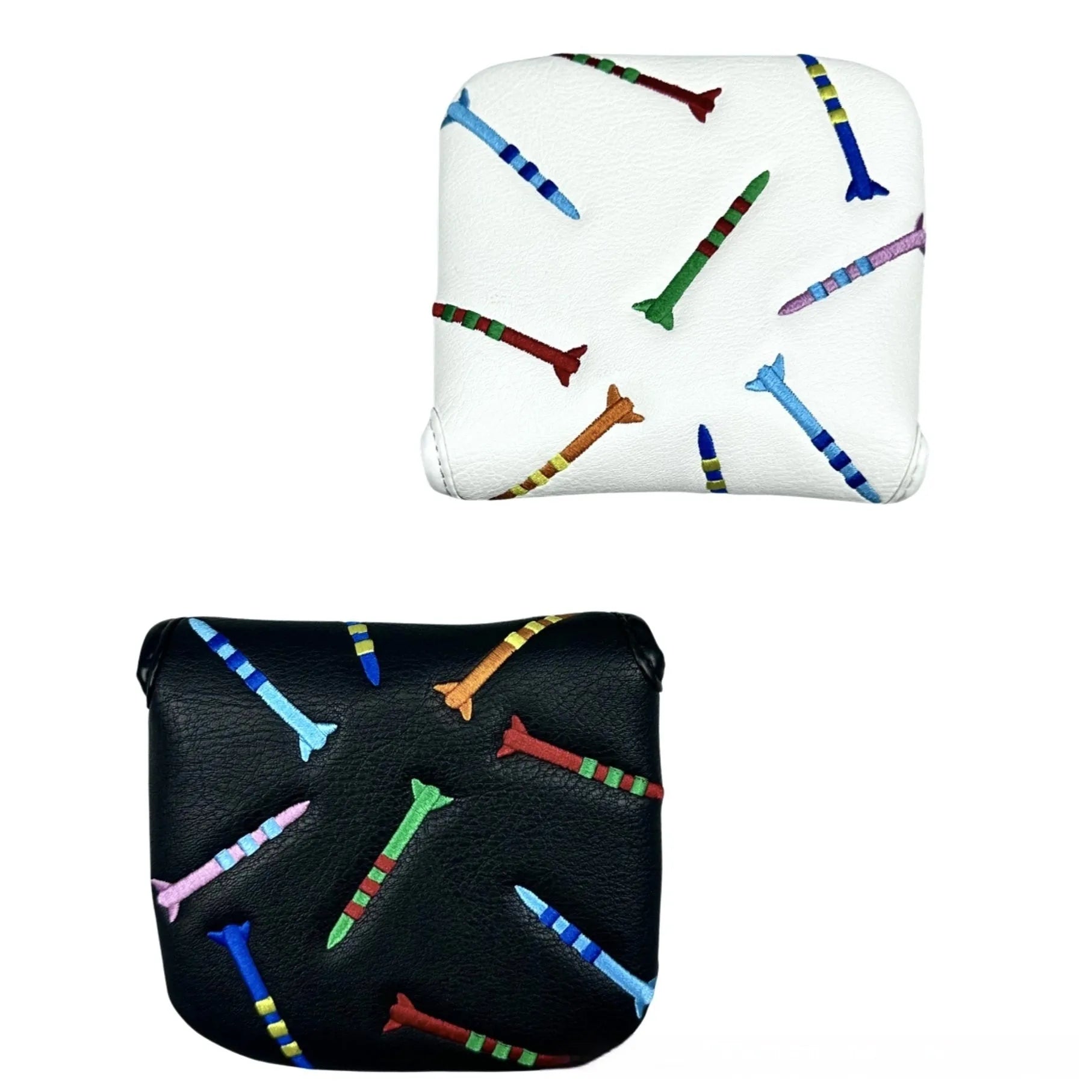 Black and white golf putter protective sleeve with a rocket pattern design.