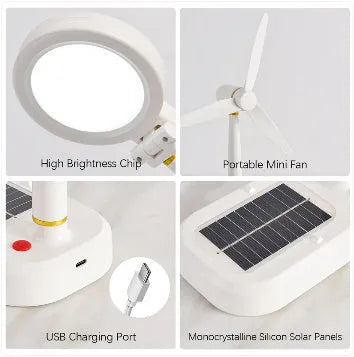 Ivory white solar charging table fan with integrated LED study lamp on desk