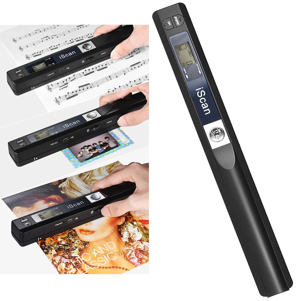 Handheld USB barcode scanner in choice of five colours: black, blue, green, red, silver.