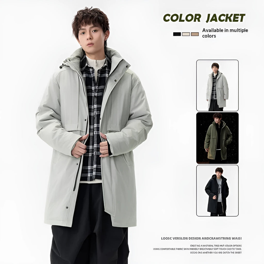 Men's loose windproof warm coat in black, side view, thickened polyester fibre with cotton lining, side pockets, cardigan style