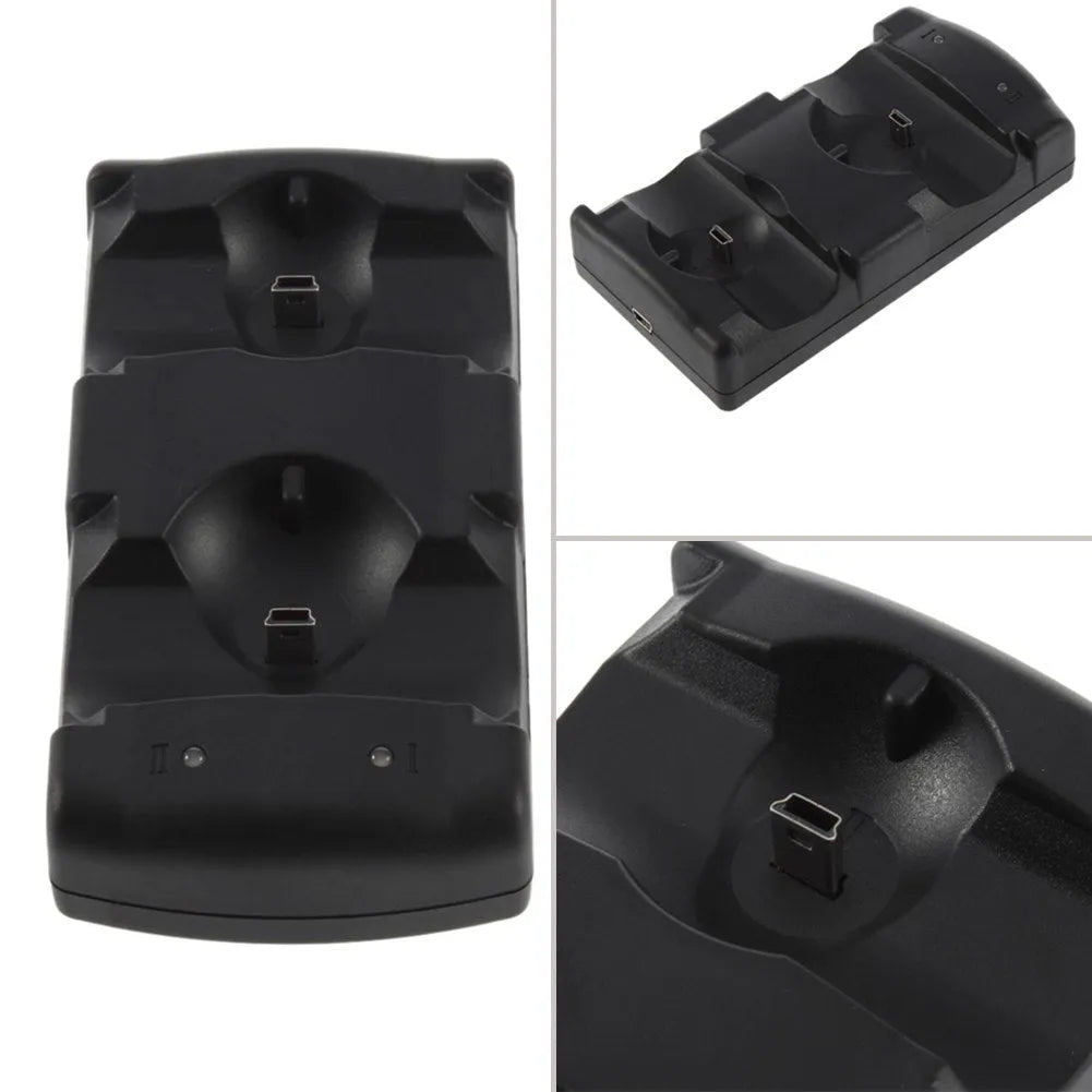 Black plastic PS3 dual USB charging dock for wireless controllers and Move navigation.