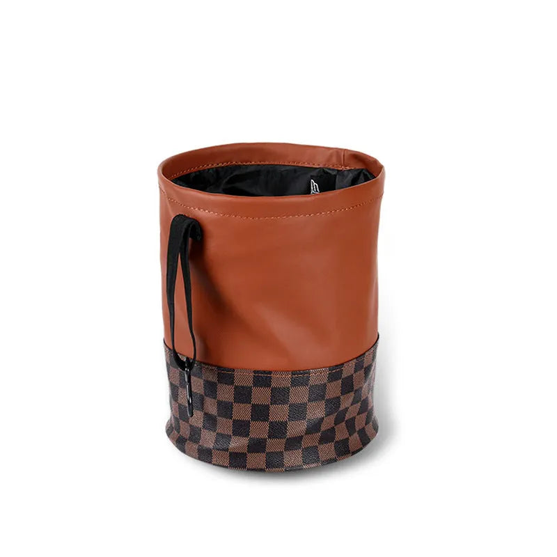 Leather retractable car trash can with handle shown in folded and open positions