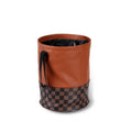 Leather retractable car trash can with handle shown in folded and open positions