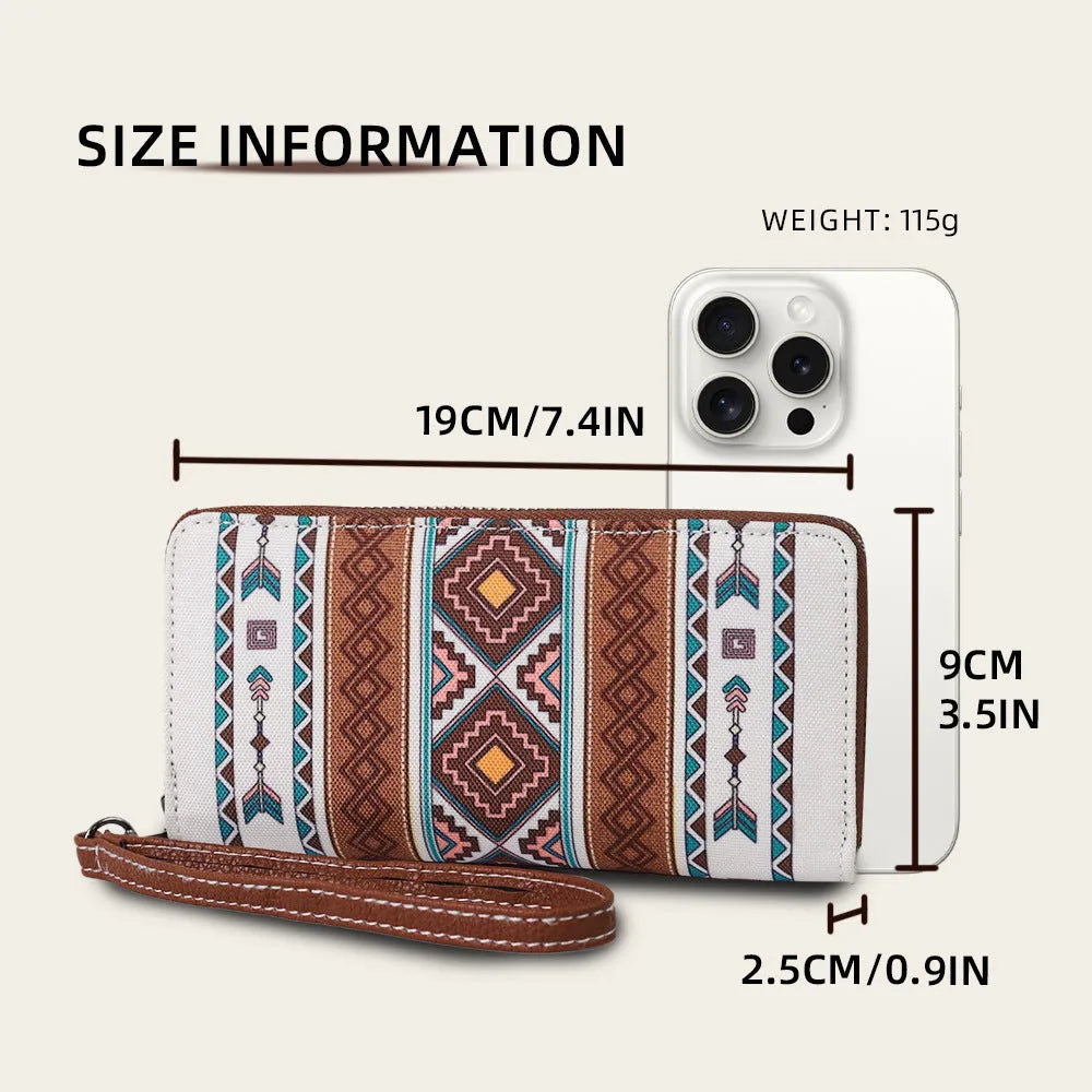 Striped canvas RFID wallet in beige with 20x10x2cm dimensions showing anti-theft card protection
