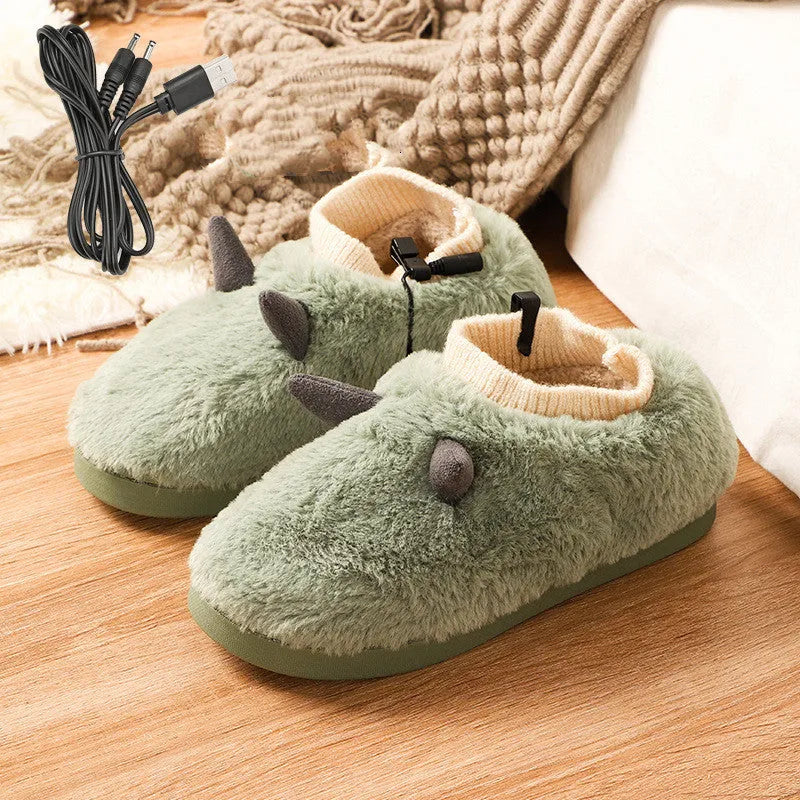 USB electric heating slippers in velvet, showing black, grey, matcha green, and taro colour options.