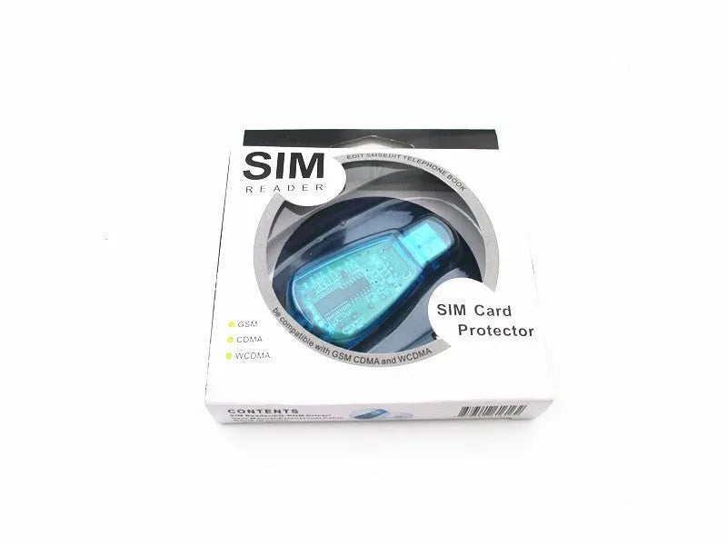 Blue external USB SIM card reader for mobile phone data backup and management.