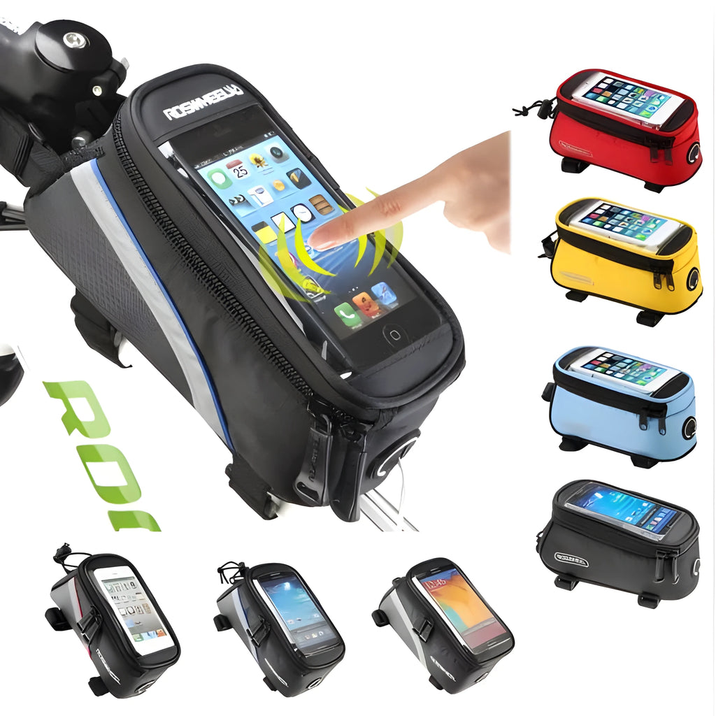 ROSWHEEL black PVC bicycle frame bag mounted on bike, holding a mobile phone.