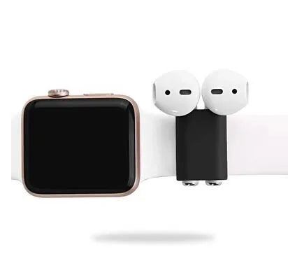 Black silicone AirPods holder strap attached to an Apple Watch band, measuring 2.5 cm x 1.8 cm