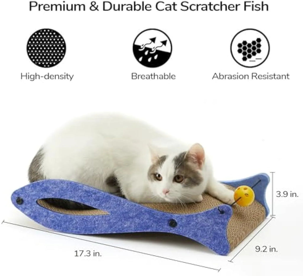 Blue fish-shaped cardboard cat scratcher lounge with wavy design and hanging bell ball toys