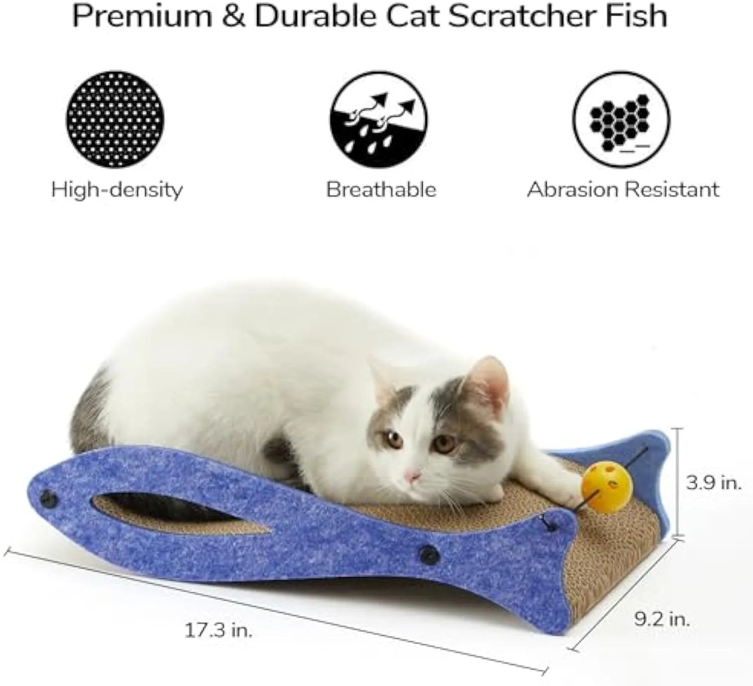 Blue fish-shaped cardboard cat scratcher lounge with wavy design and hanging bell ball toys